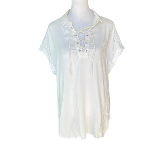 Cloth & Stone x Anthropologie - High Low Criss Cross Tie Short Sleeve Shirt Sz L - Picture 1 of 6